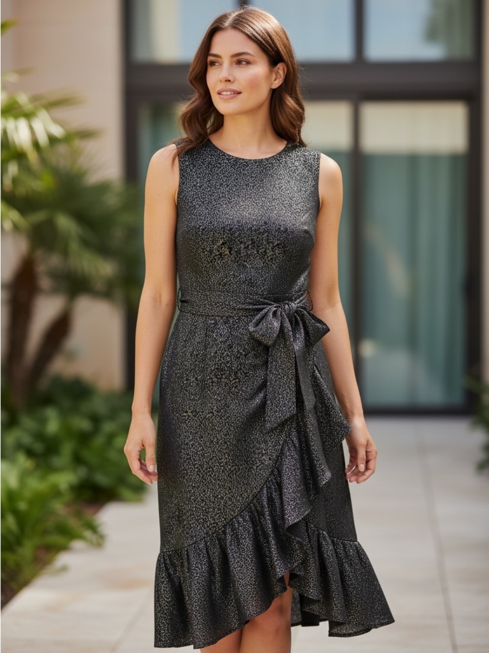 Calvin Klein Metallic Black Sleeveless Ruffle-Hem Midi Dress with Waist Tie